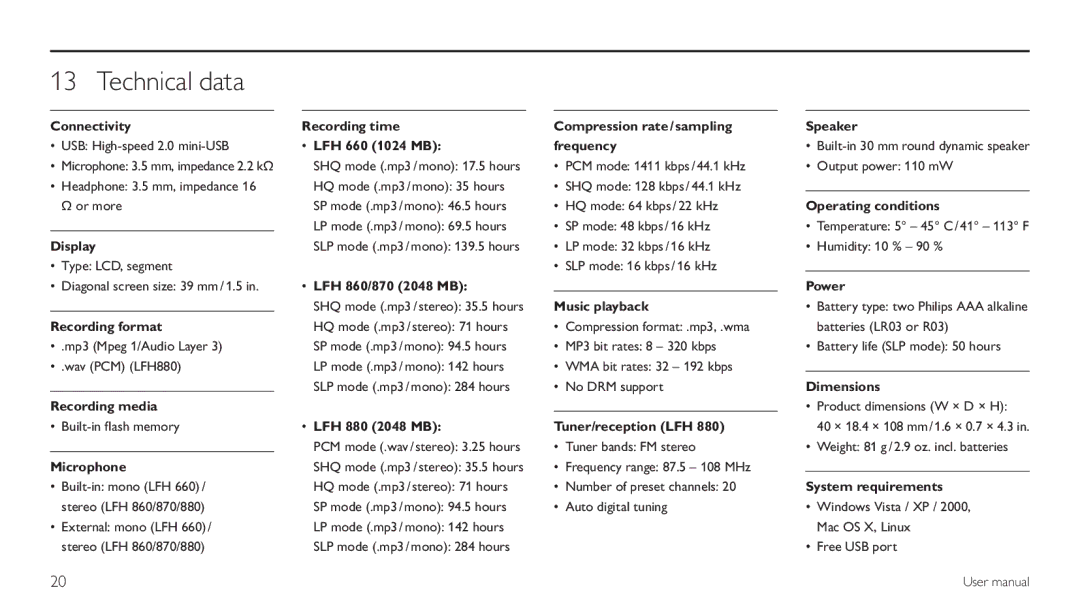 Philips LFH 870 user manual Technical data, LFH 660 1024 MB Frequency 