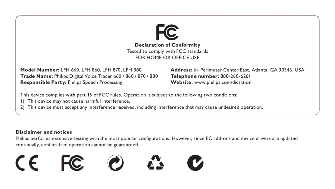 Philips LFH 660, LFH 870 user manual Declaration of Conformity, Disclaimer and notices 