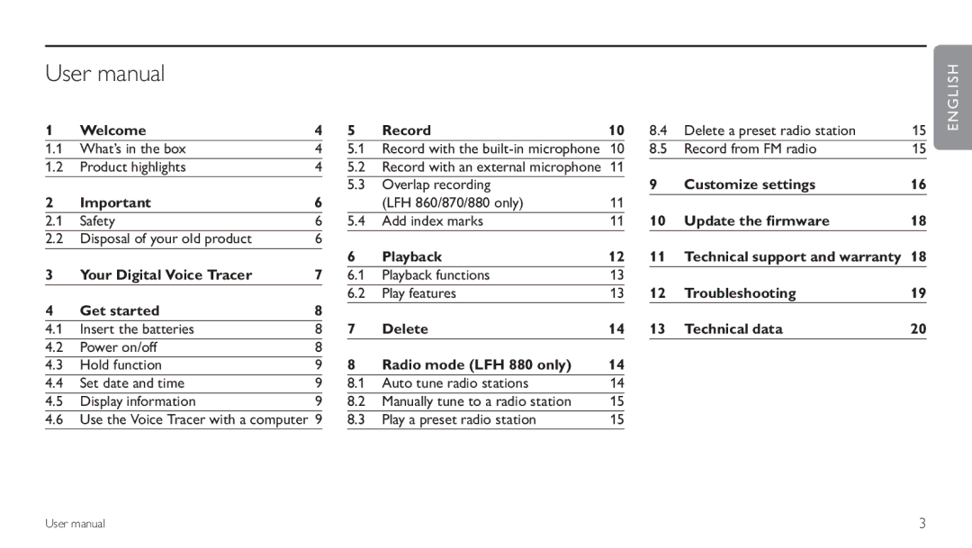 Philips LFH 660 Welcome Record, Customize settings, Update the firmware, Troubleshooting Get started Delete Technical data 