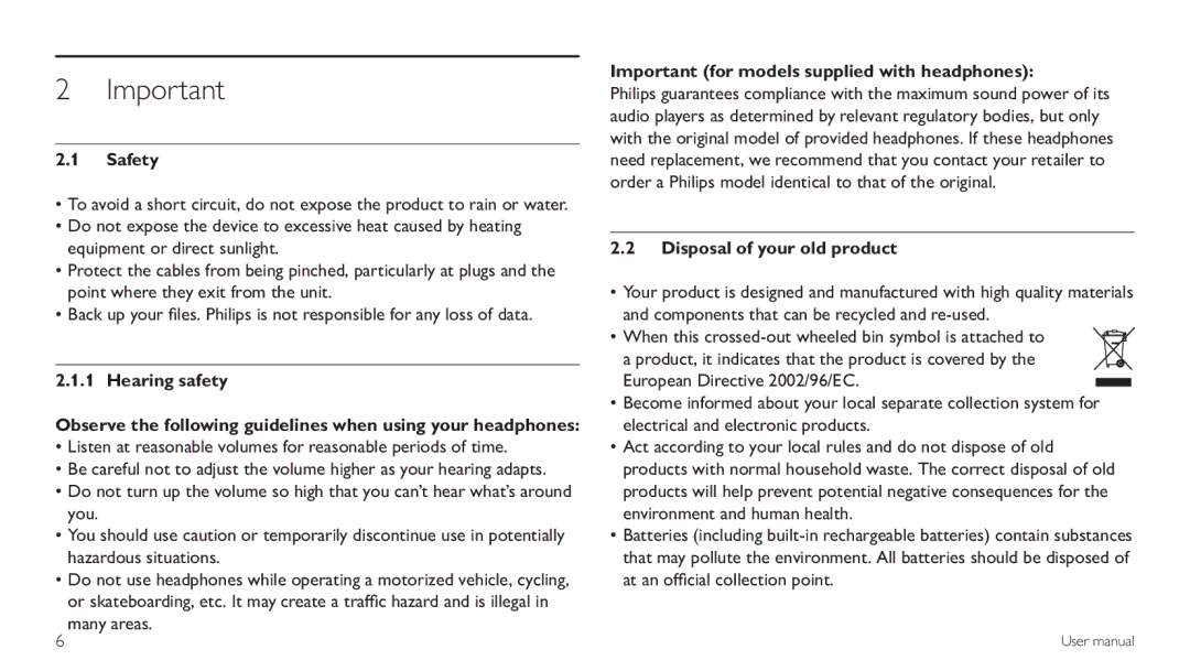 Philips LFH 870, LFH 660 user manual Safety, Important for models supplied with headphones, Disposal of your old product 