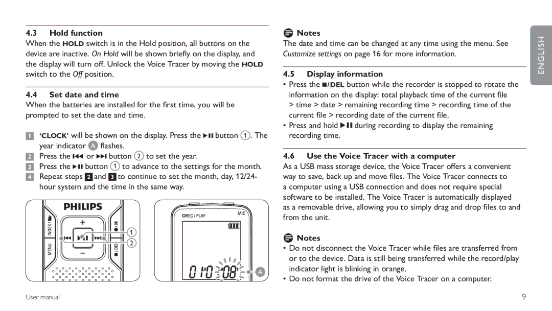 Philips LFH 660, LFH 870 Hold function, Set date and time, Display information, Use the Voice Tracer with a computer 