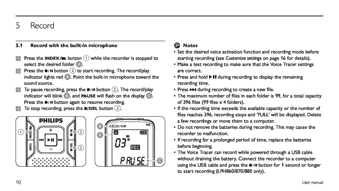 Philips LFH 870, LFH 660 user manual Record with the built-in microphone, D Notes 