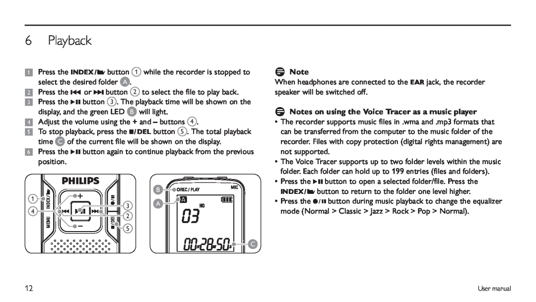 Philips LFH 870, LFH 660 user manual Playback, D Notes on using the Voice Tracer as a music player 