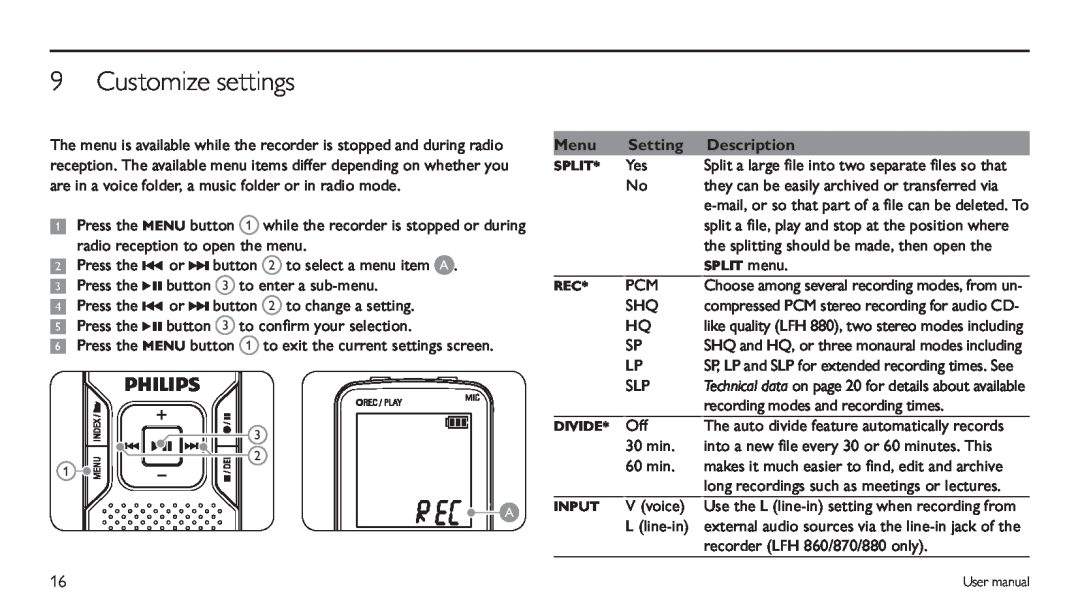 Philips LFH 870, LFH 660 user manual Customize settings, Menu, Setting, Description 