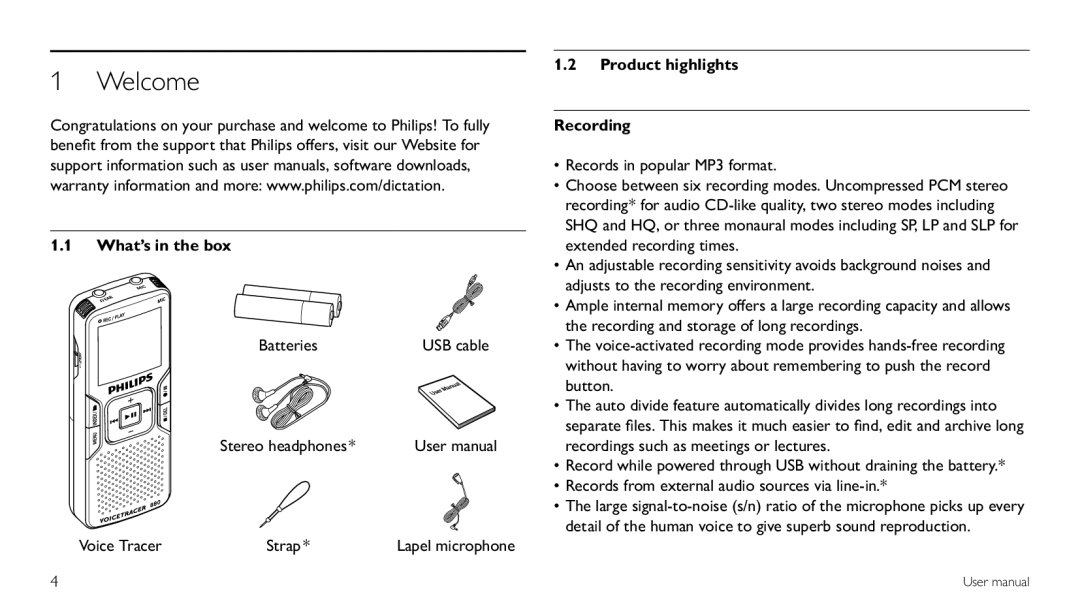 Philips LFH 870, LFH 660 user manual Welcome, What’s in the box, Product highlights Recording 