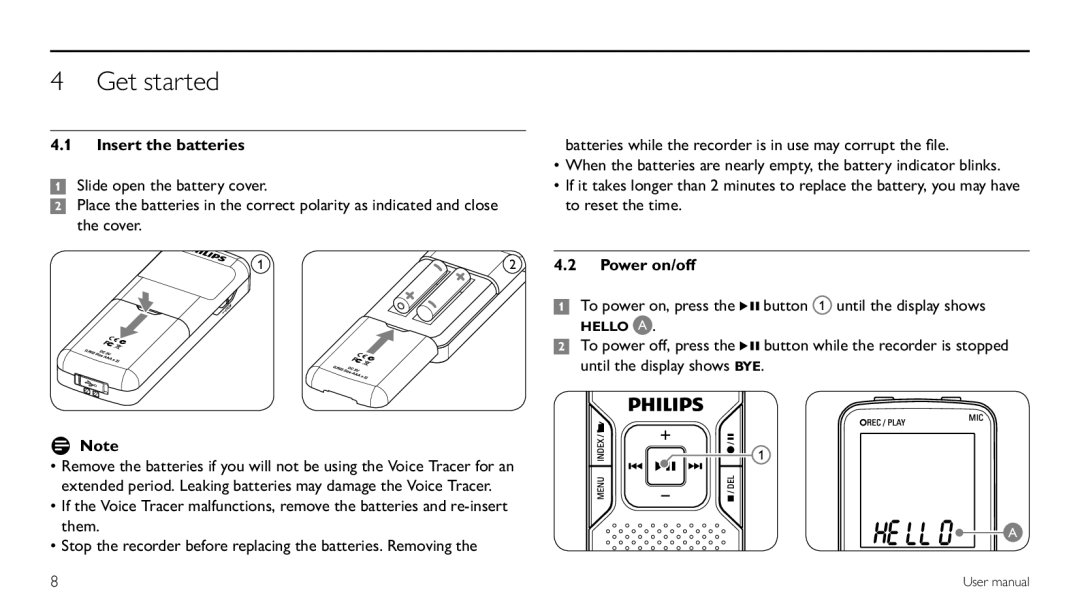 Philips LFH 870, LFH 660 user manual Get started, Insert the batteries, Power on/off, D Note 