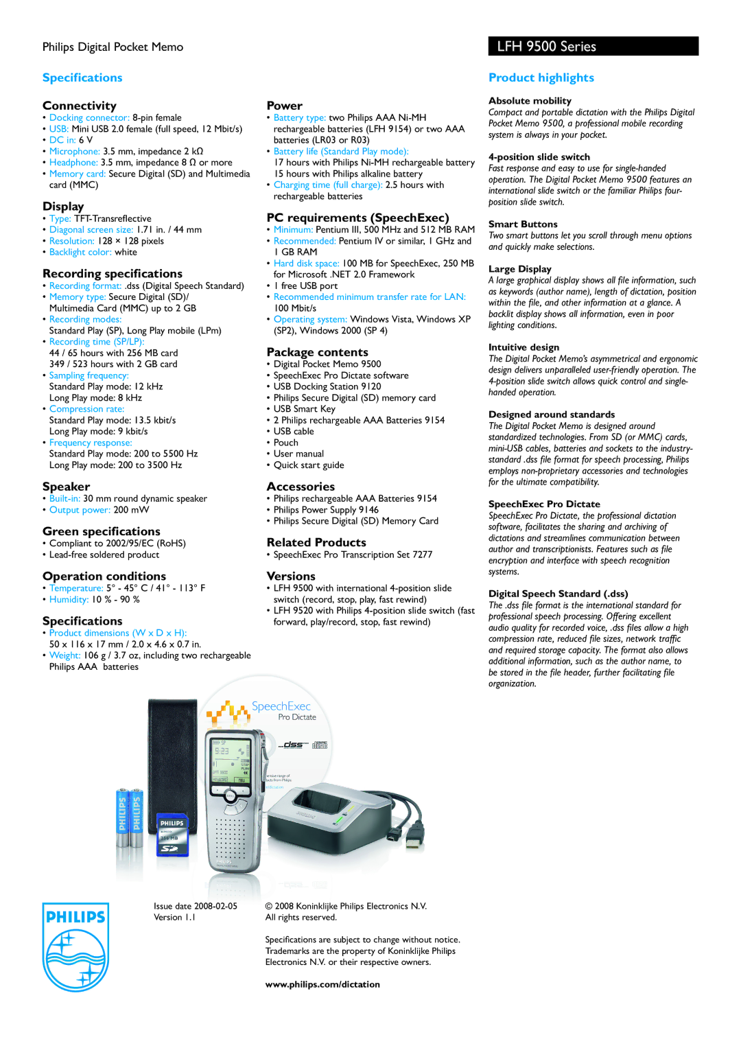 Philips LFH 9500 Connectivity, Display, Recording specifications, Speaker, Green specifications, Operation conditions 