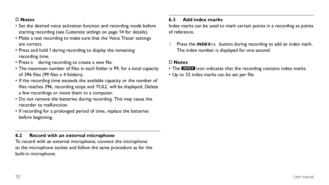 Philips LFH0620/00 user manual Record with an external microphone, Add index marks 