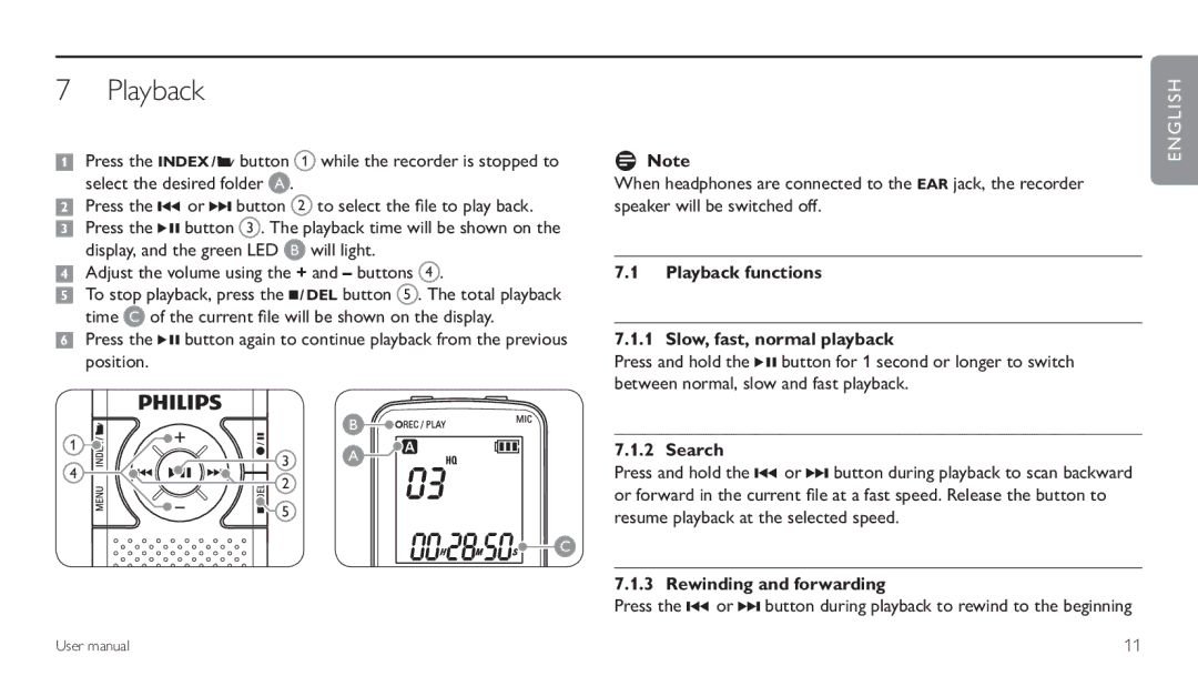 Philips LFH0620/00 user manual Playback functions Slow, fast, normal playback, Search, Rewinding and forwarding 