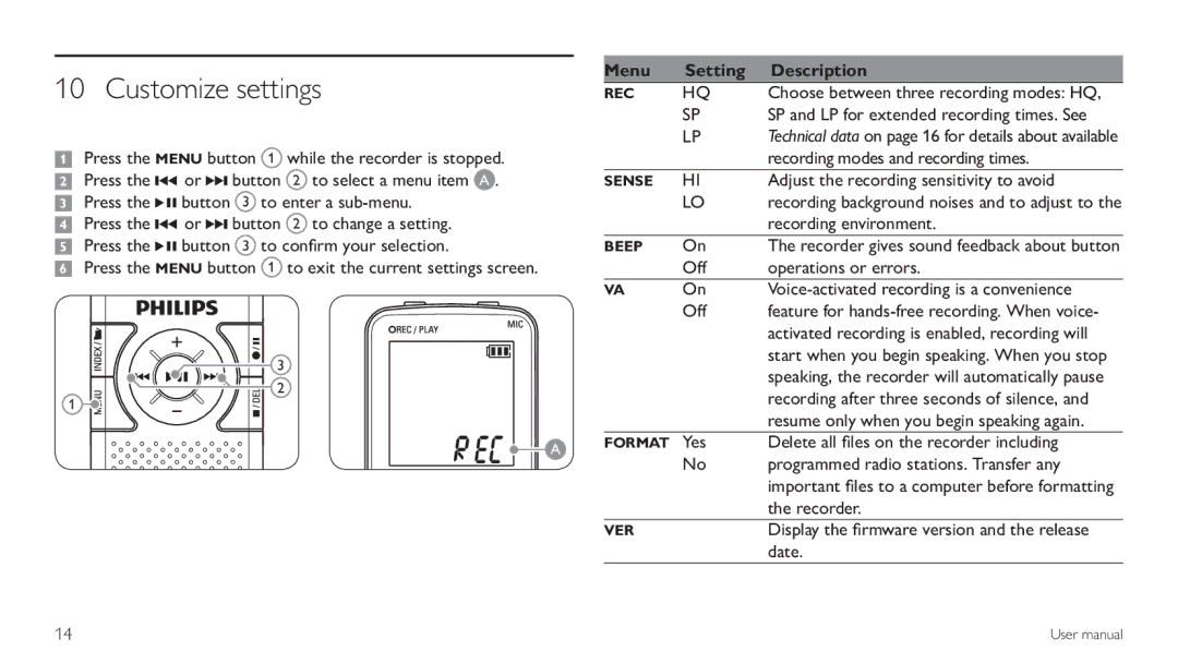 Philips LFH0620/00 user manual Customize settings, Menu Setting Description 