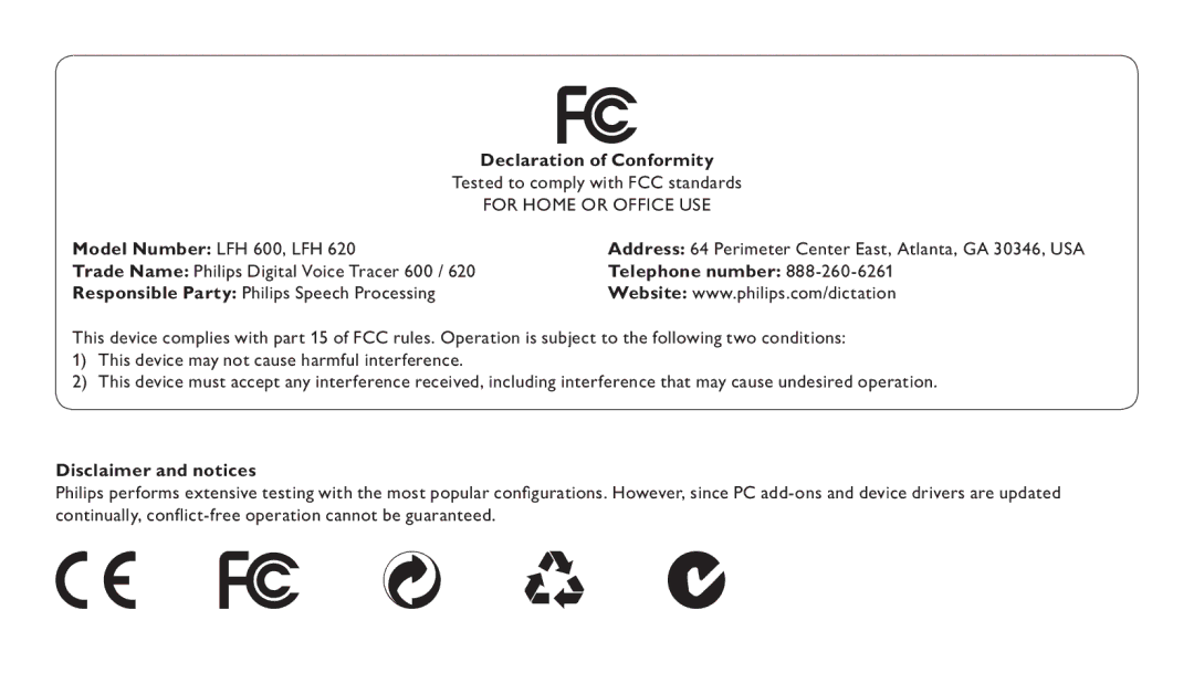 Philips LFH0620/00 user manual Declaration of Conformity, Disclaimer and notices 