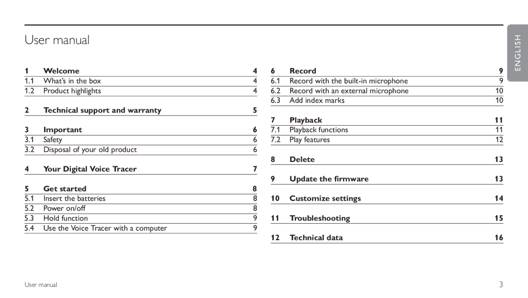 Philips LFH0620/00 user manual Welcome, Technical support and warranty, Your Digital Voice Tracer Get started, Record 