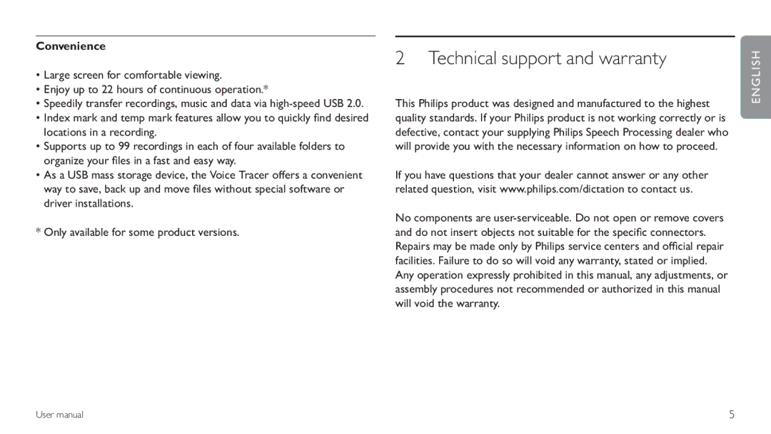 Philips LFH0620/00 user manual Technical support and warranty, Convenience 