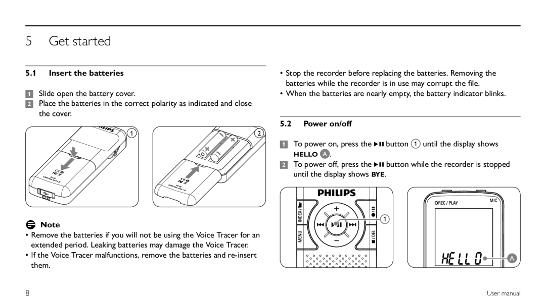 Philips LFH0620/00 user manual Get started, Insert the batteries, Power on/off 