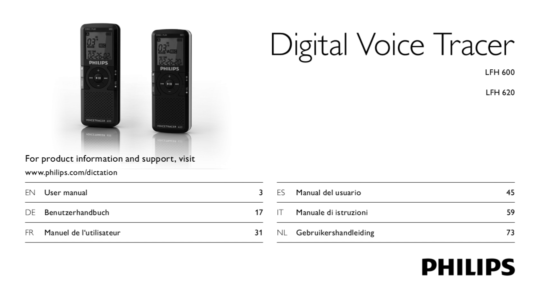 Philips LFH0620/00 user manual Digital Voice Tracer, For product information and support, visit 