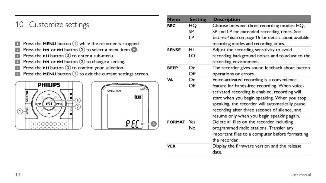 Philips LFH0620/00 user manual Customize settings, Menu, Setting, Description 