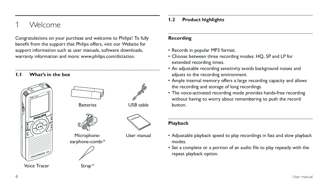 Philips LFH0620/00 user manual Welcome, What’s in the box, Product highlights Recording, Playback 