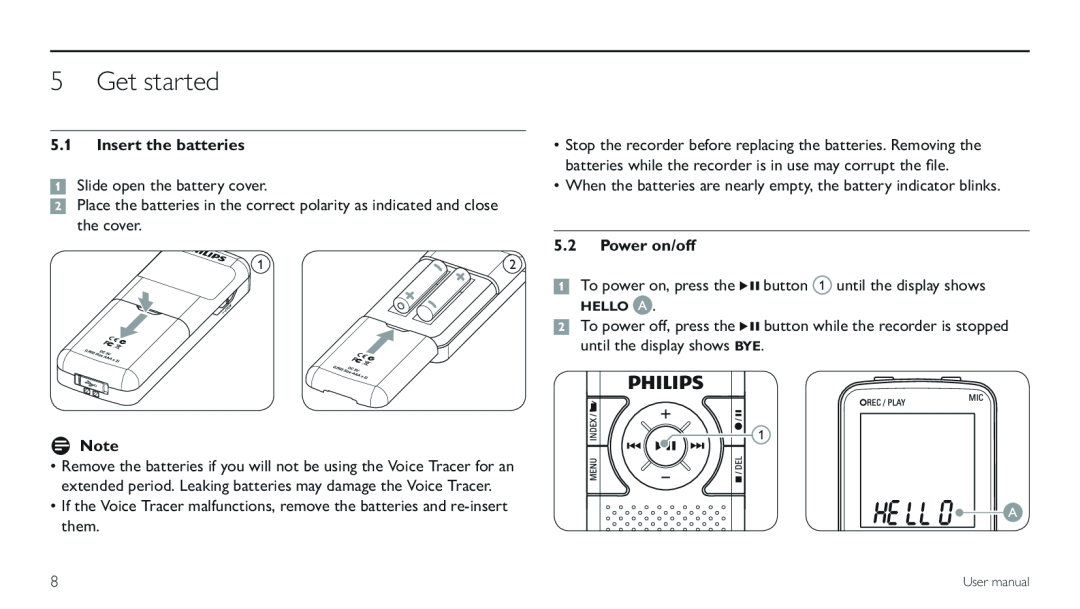 Philips LFH0620/00 user manual Get started, Insert the batteries, Power on/off, D Note 