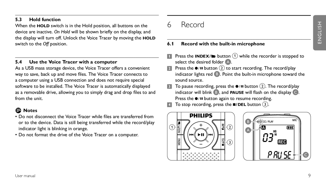Philips LFH0620/00 user manual Record, Hold function, Use the Voice Tracer with a computer, D Notes, English 