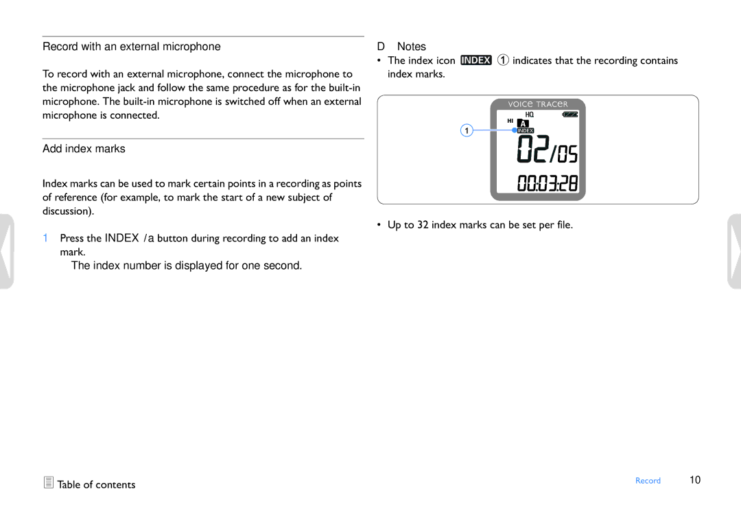 Philips LFH0652 user manual Record with an external microphone, Add index marks 