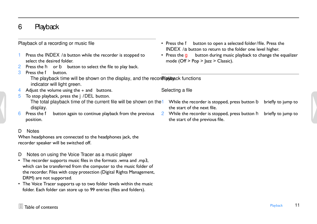 Philips LFH0652 user manual Playback of a recording or music file, Playback functions Selecting a file 