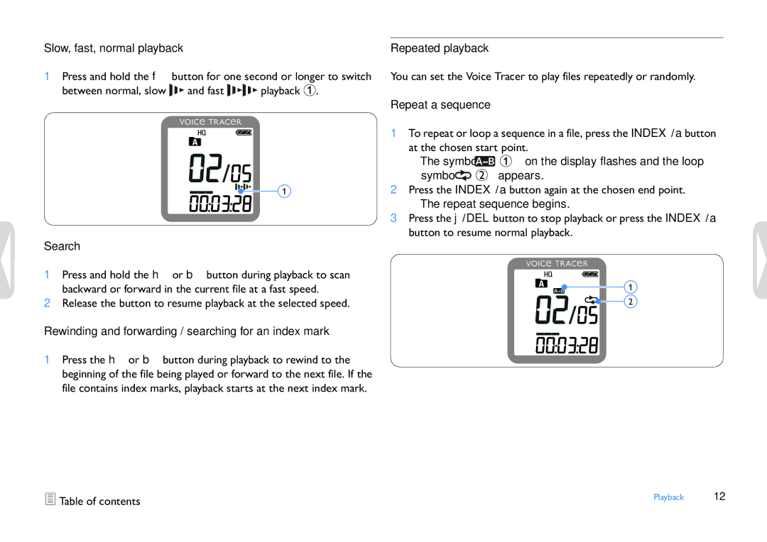 Philips LFH0652 user manual Slow, fast, normal playback, Search, Rewinding and forwarding / searching for an index mark 