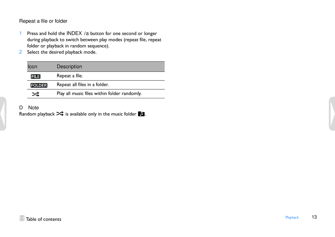 Philips LFH0652 user manual Repeat a file or folder, Icon Description 