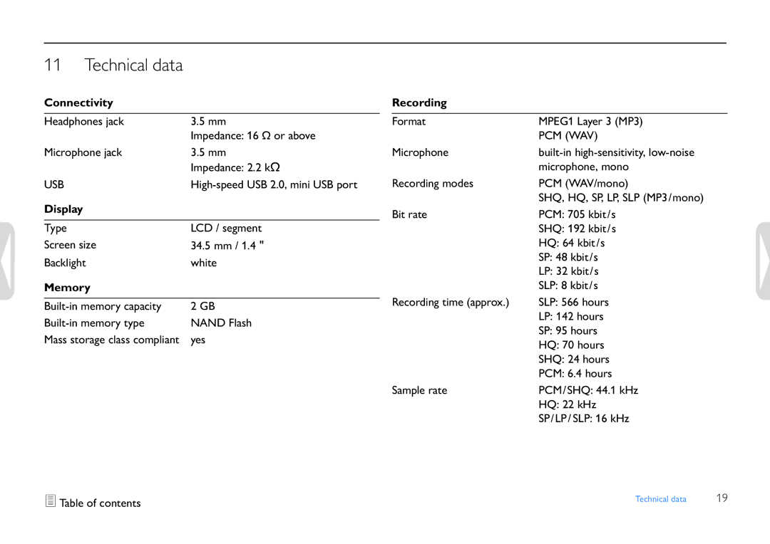 Philips LFH0652 user manual Connectivity, Usb, Memory, Recording, Pcm Wav 