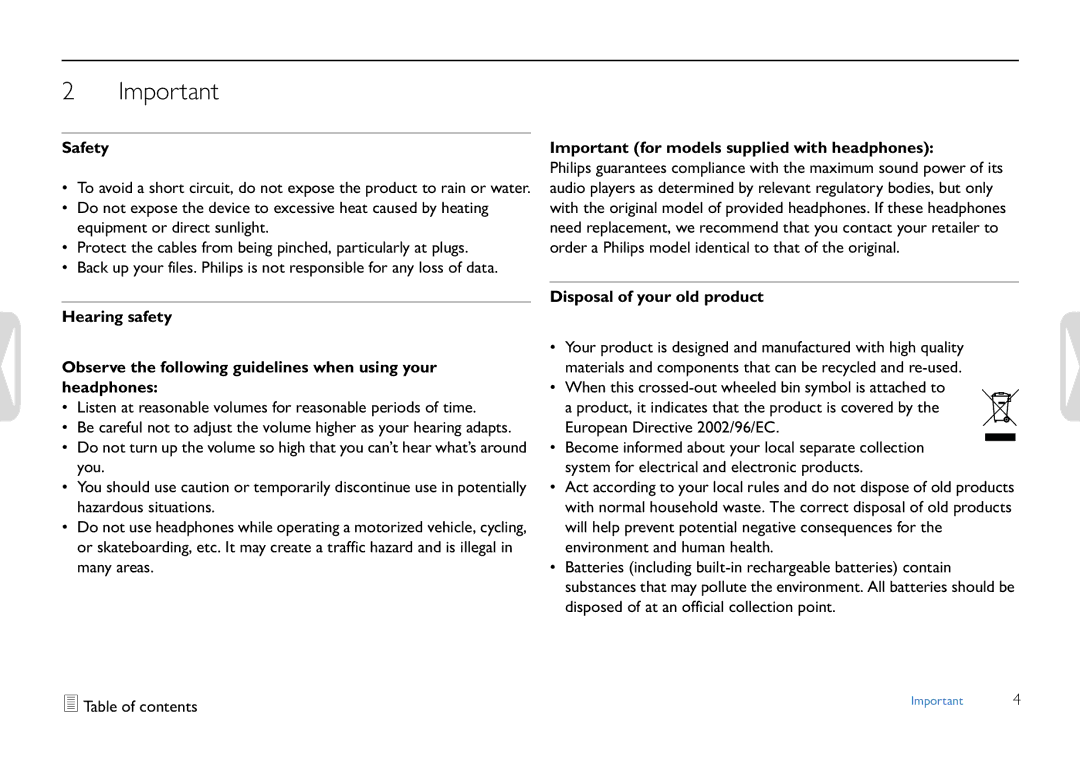 Philips LFH0652 user manual Safety, Important for models supplied with headphones, Disposal of your old product 