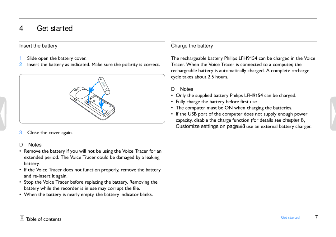 Philips LFH0652 user manual Get started, Insert the battery, Charge the battery 