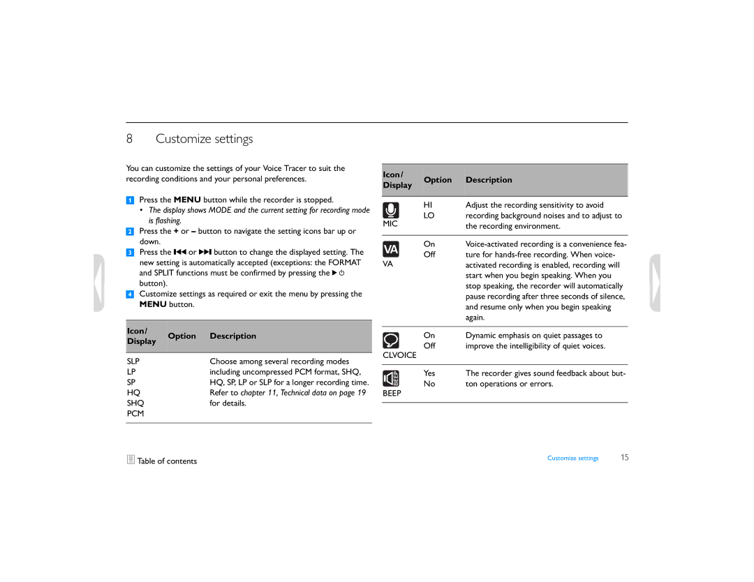 Philips LFH0655 user manual Customize settings, Icon Option Description Display 