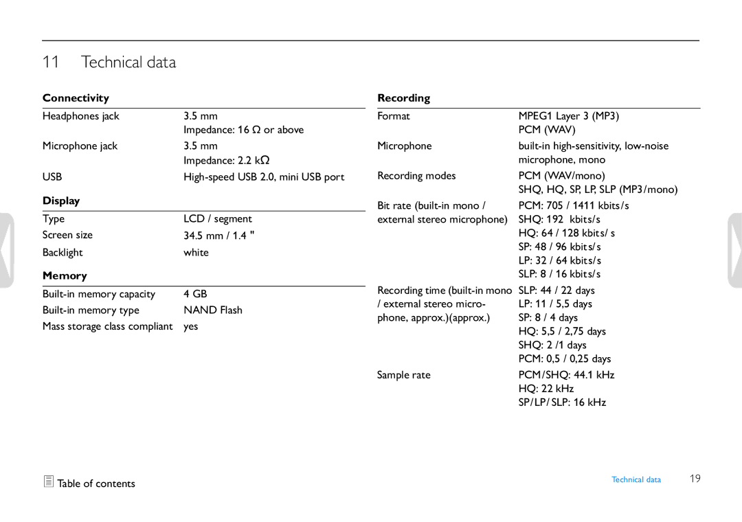 Philips LFH0655 user manual Technical data, Connectivity, Memory, Recording 