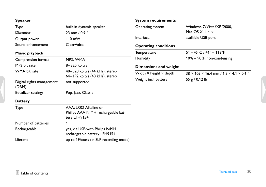 Philips LFH0655 Speaker, Music playback, Battery, System requirements, Operating conditions, Dimensions and weight 