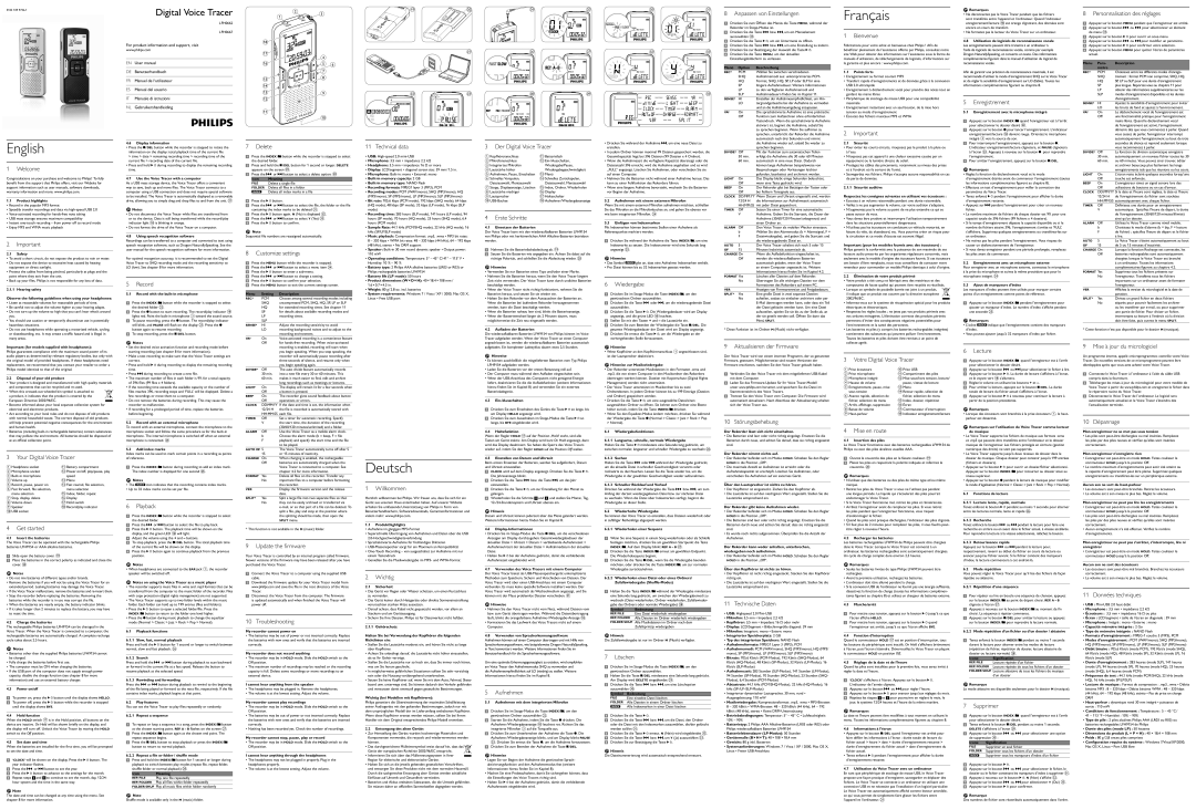 Philips LFH0667 user manual Anpassen von Einstellungen, Bienvenue, Enregistrement, Personnalisation des réglages, Welcome 