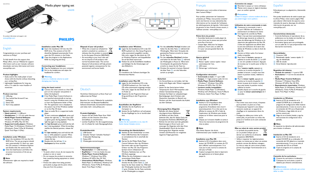 Philips LFH2370 user manual Für den schnellen Rücklauf, drücken, Connecting your headphones, Hinweis, Product highlights 