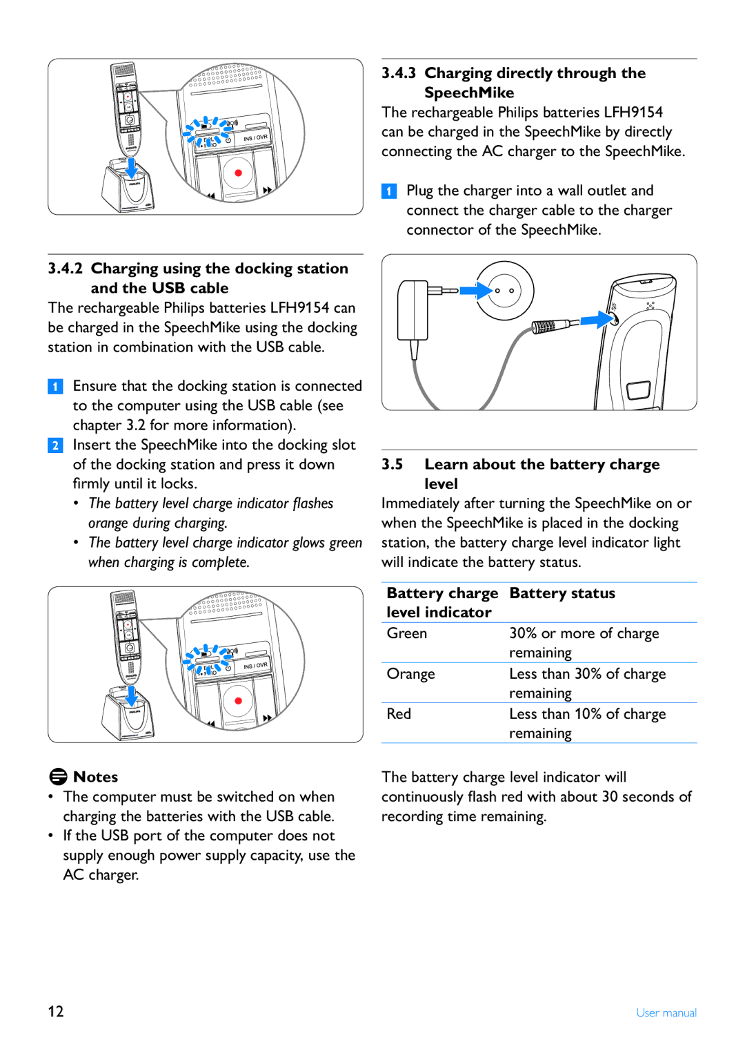 Philips LFH3000 manual Charging using the docking station and the USB cable, Charging directly through the SpeechMike 