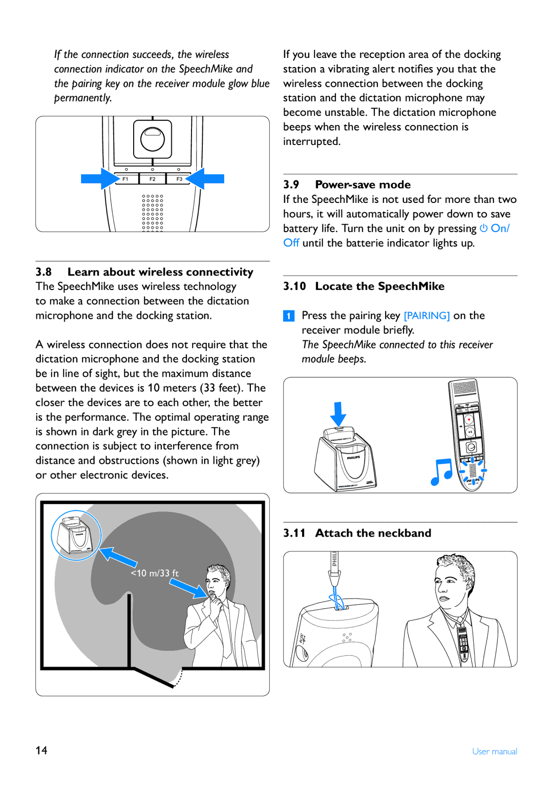 Philips LFH3000 manual Power-save mode, Locate the SpeechMike, Attach the neckband 