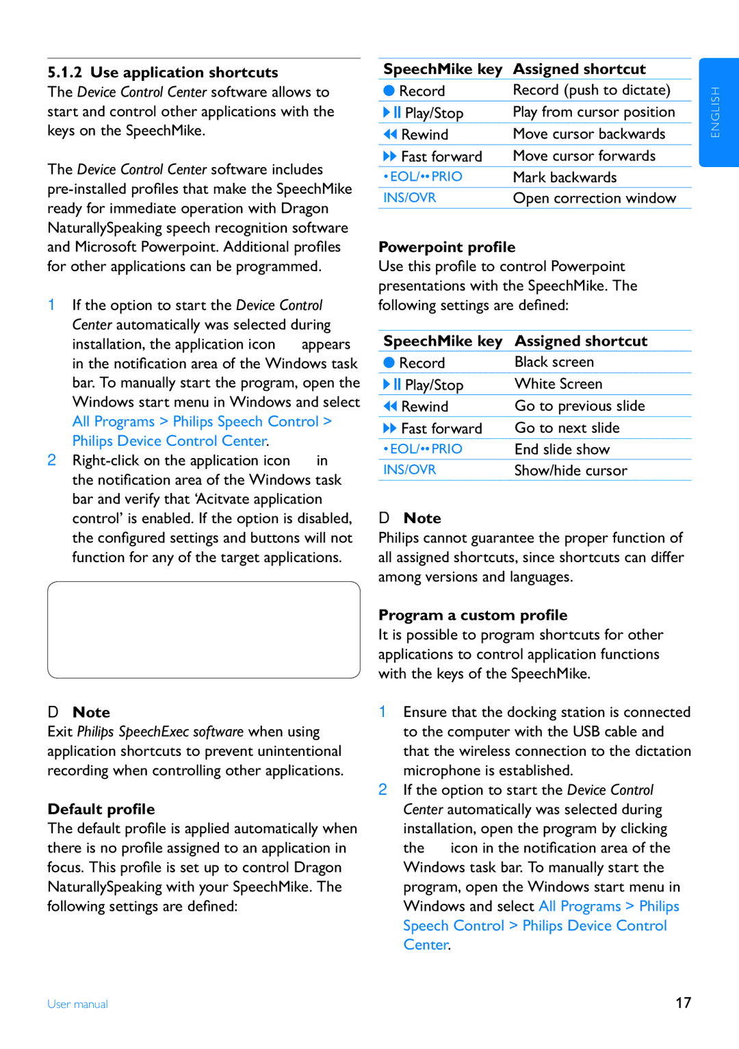 Philips LFH3000 manual Use application shortcuts, Default profile, SpeechMike key Assigned shortcut, Powerpoint profile 