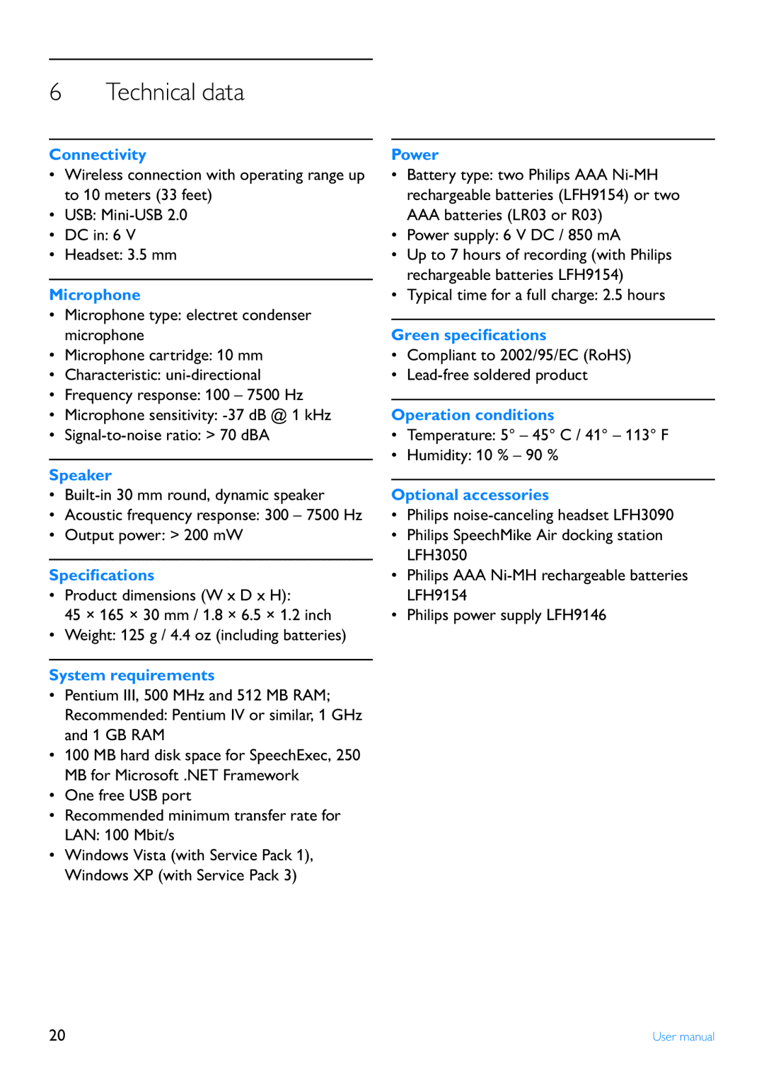 Philips LFH3000 manual Technical data 