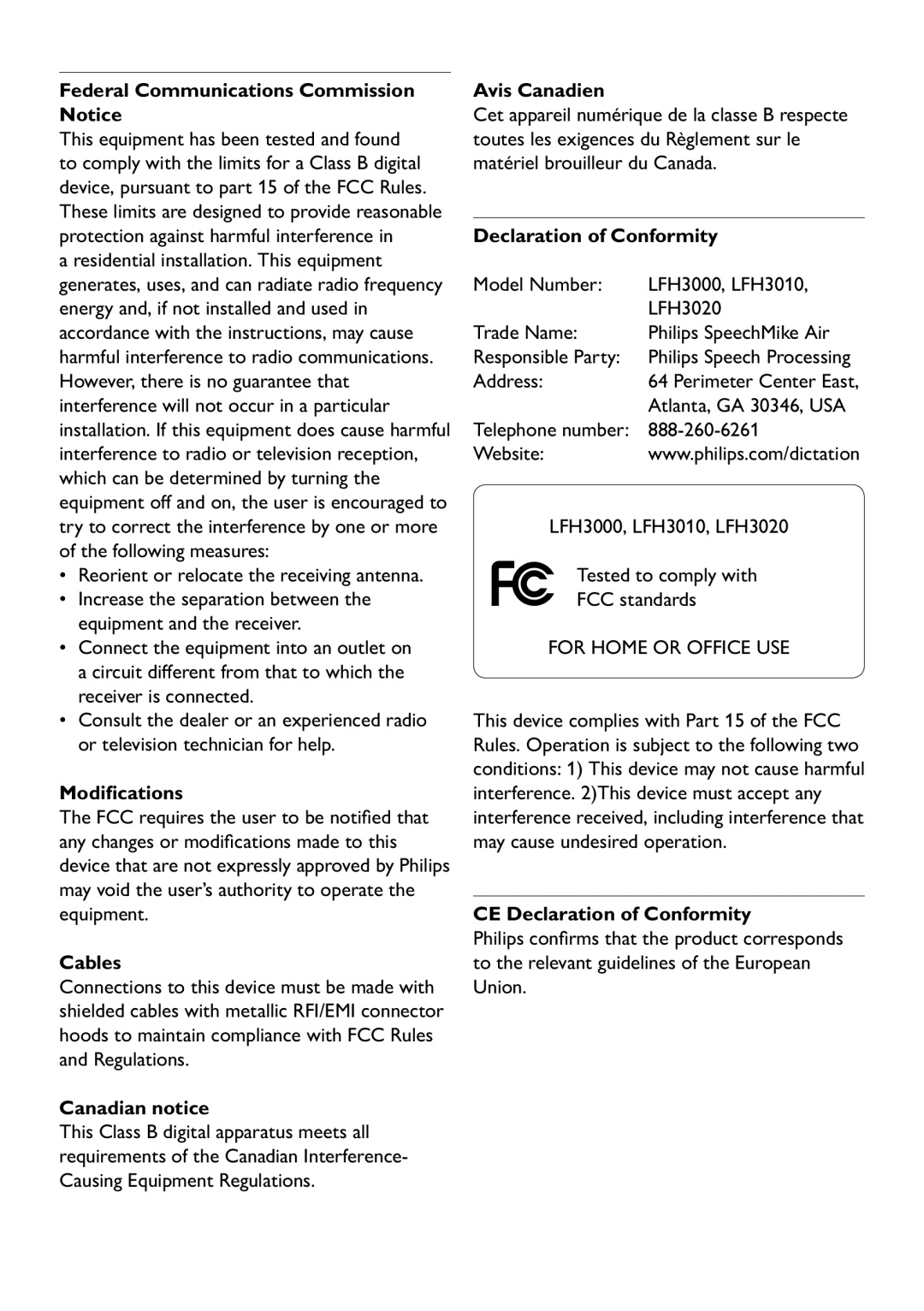 Philips LFH3000 manual Federal Communications Commission Notice, Modifications, Cables, Canadian notice, Avis Canadien 