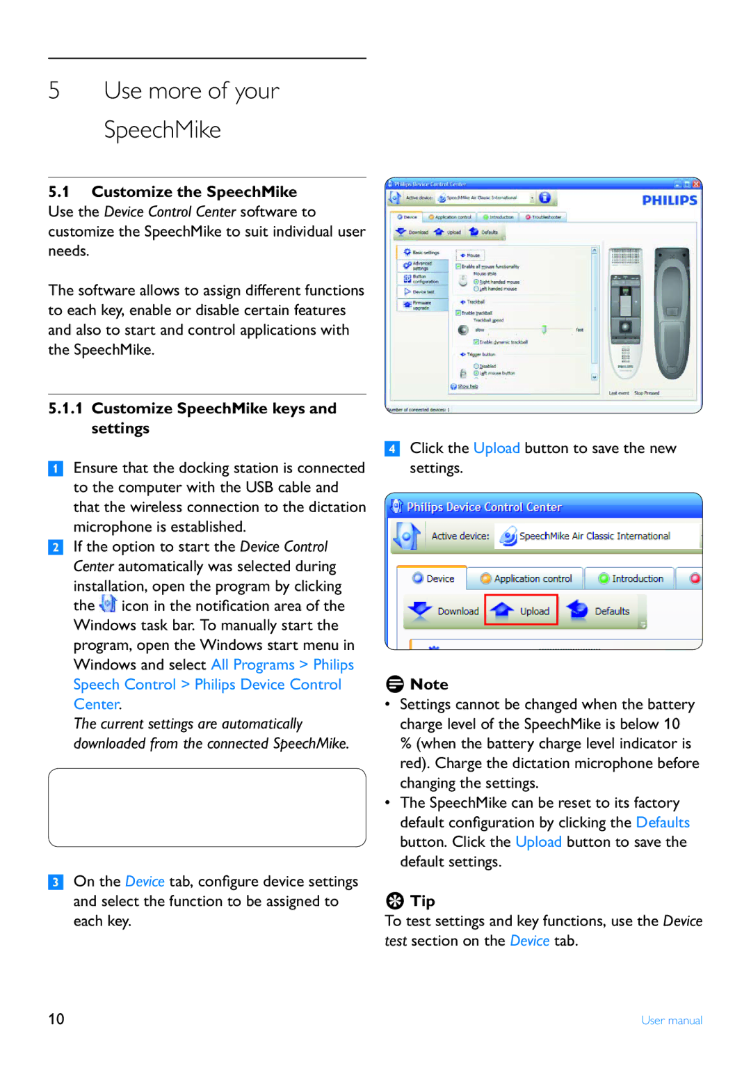 Philips LFH3200 user manual Customize SpeechMike keys and settings, Tip 