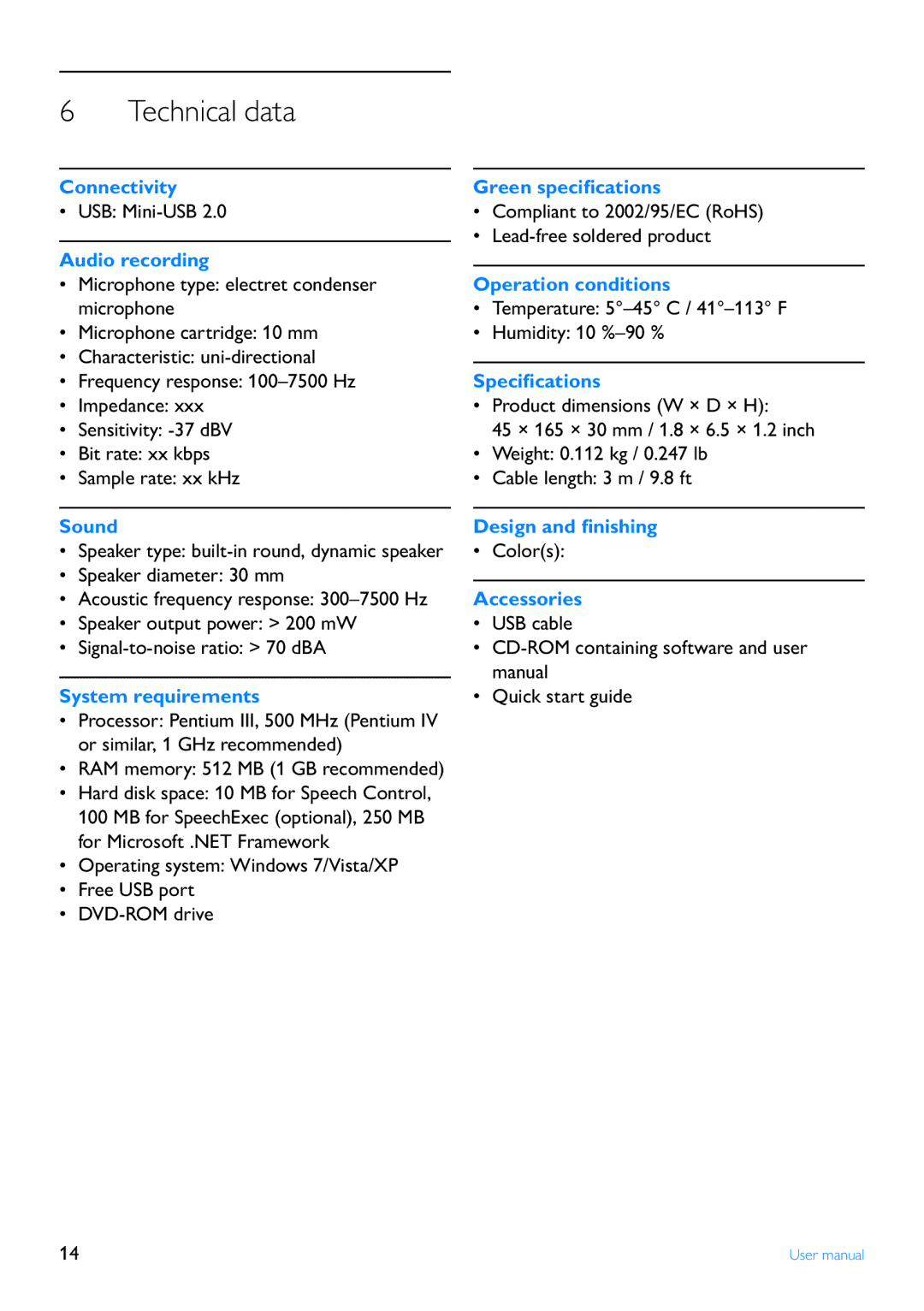 Philips LFH3200 user manual Technical data, Audio recording 