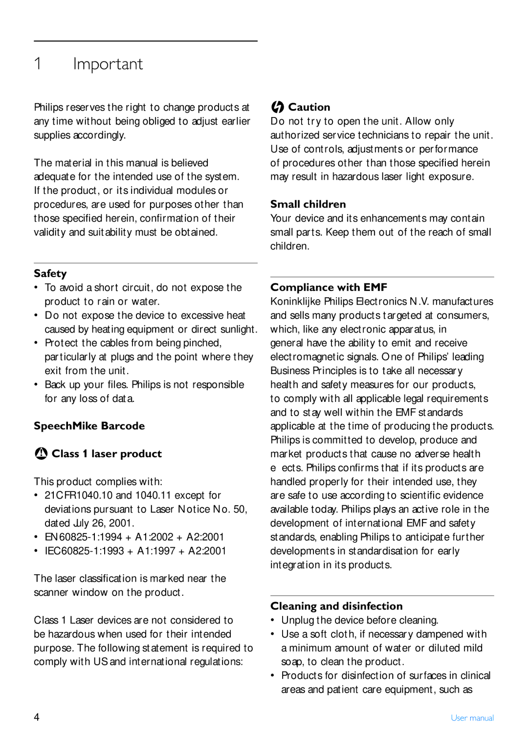 Philips LFH3200 user manual Safety, SpeechMike Barcode Class 1 laser product, Small children, Compliance with EMF 