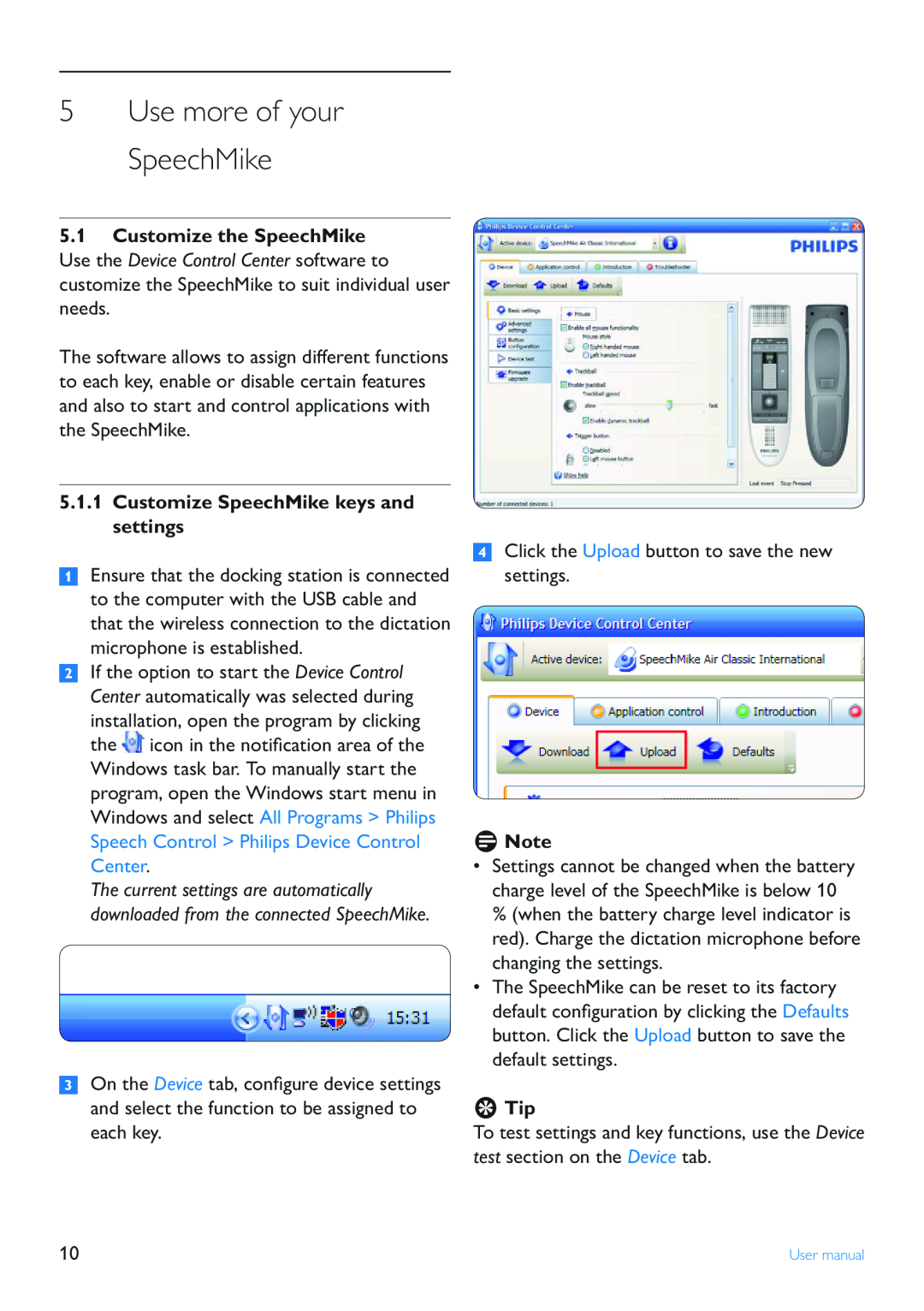 Philips LFH3200 user manual 5Use more of your SpeechMike, 5.1.1Customize SpeechMike keys and settings, DNote, ETip 