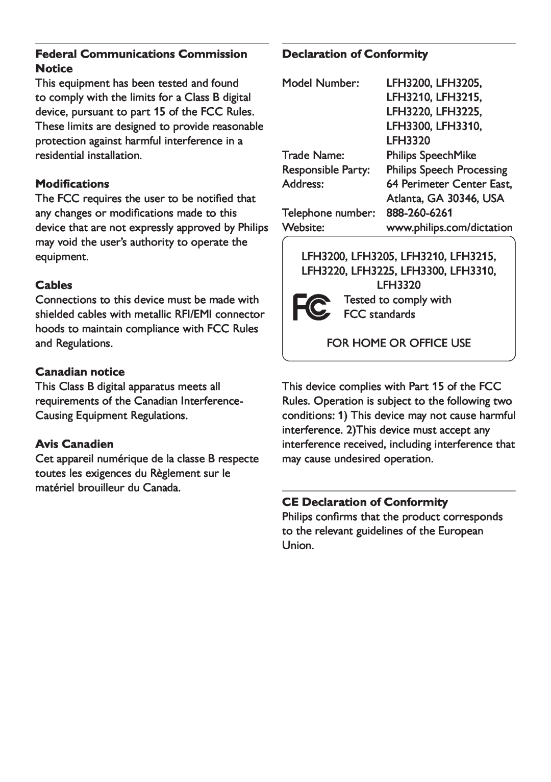Philips LFH3200 user manual Federal Communications Commission Notice, Modifications, Cables, Canadian notice, Avis Canadien 