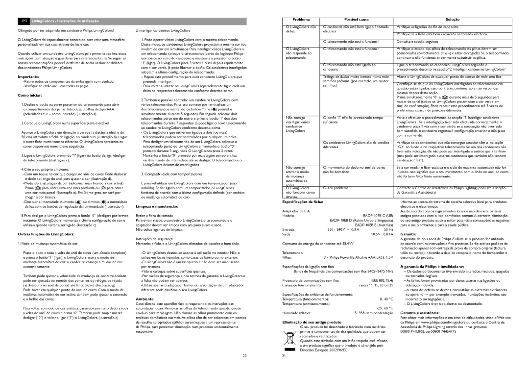 Philips livingcolors manual PT LivingColors Instruções de utilização 