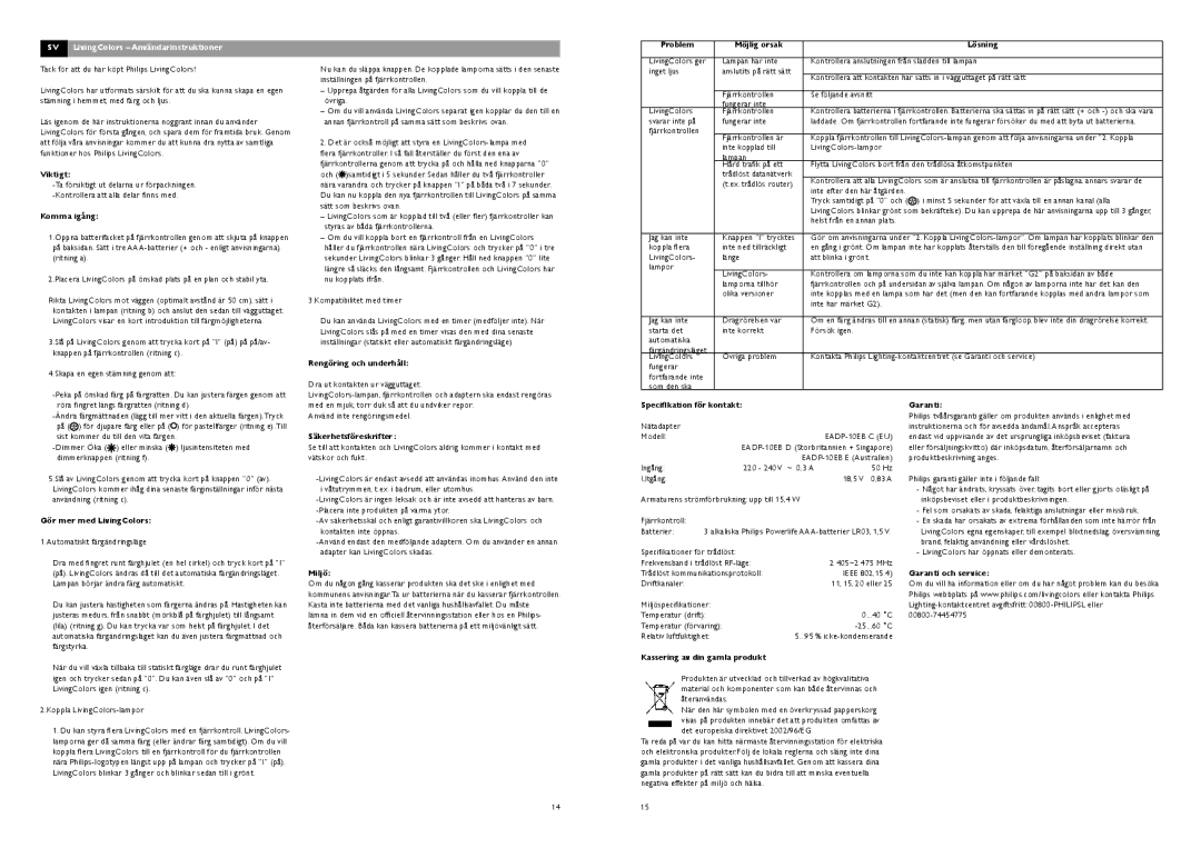 Philips livingcolors Viktigt, Komma igång, Gör mer med LivingColors, Rengöring och underhåll, Säkerhetsföreskrifter, Miljö 