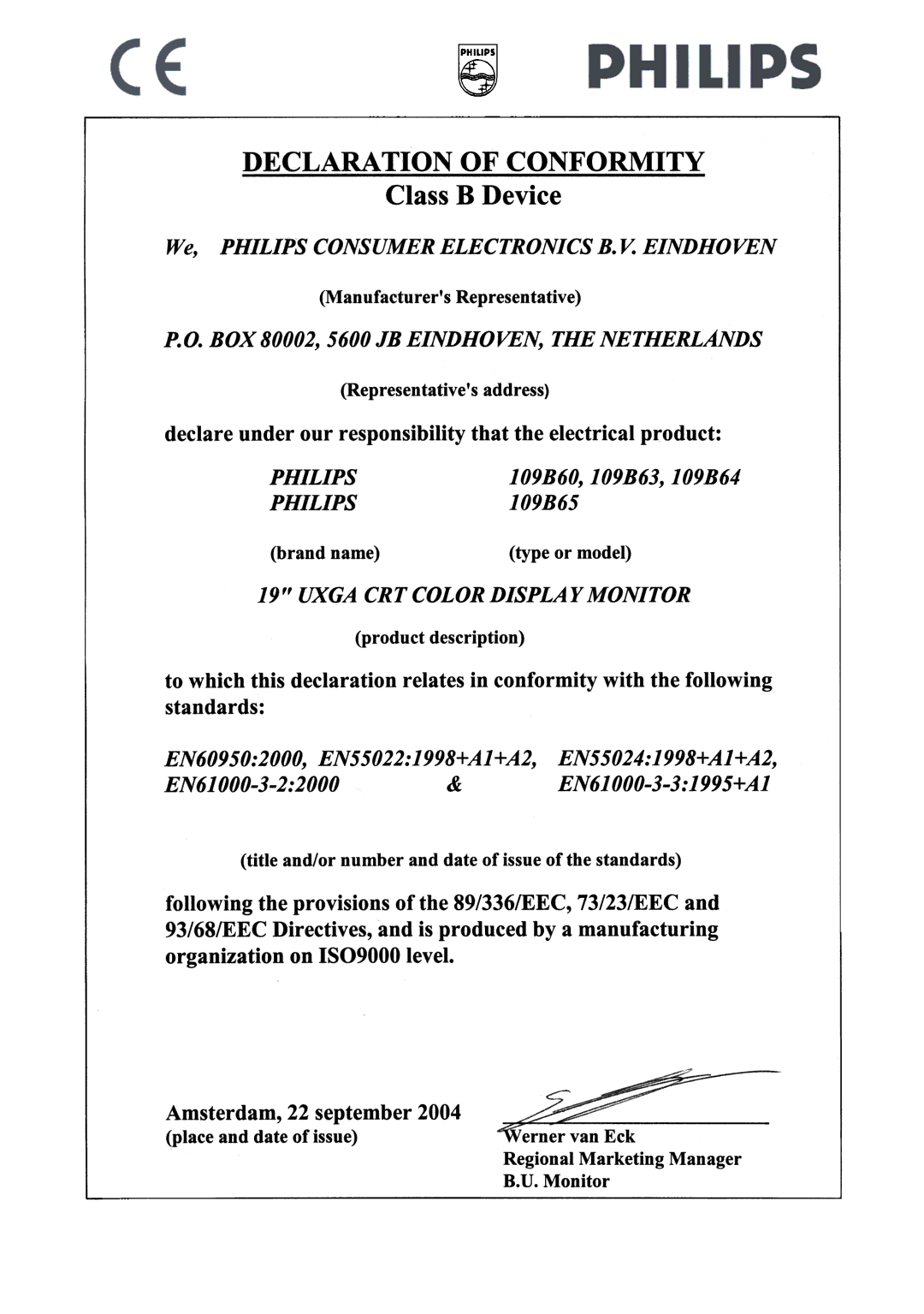 Philips LO9B63, LO9B60 manual Declaration of Conformity, Class B Device, BOX 80002, 5600 JB EINDHOVEN, Thenetherlands 