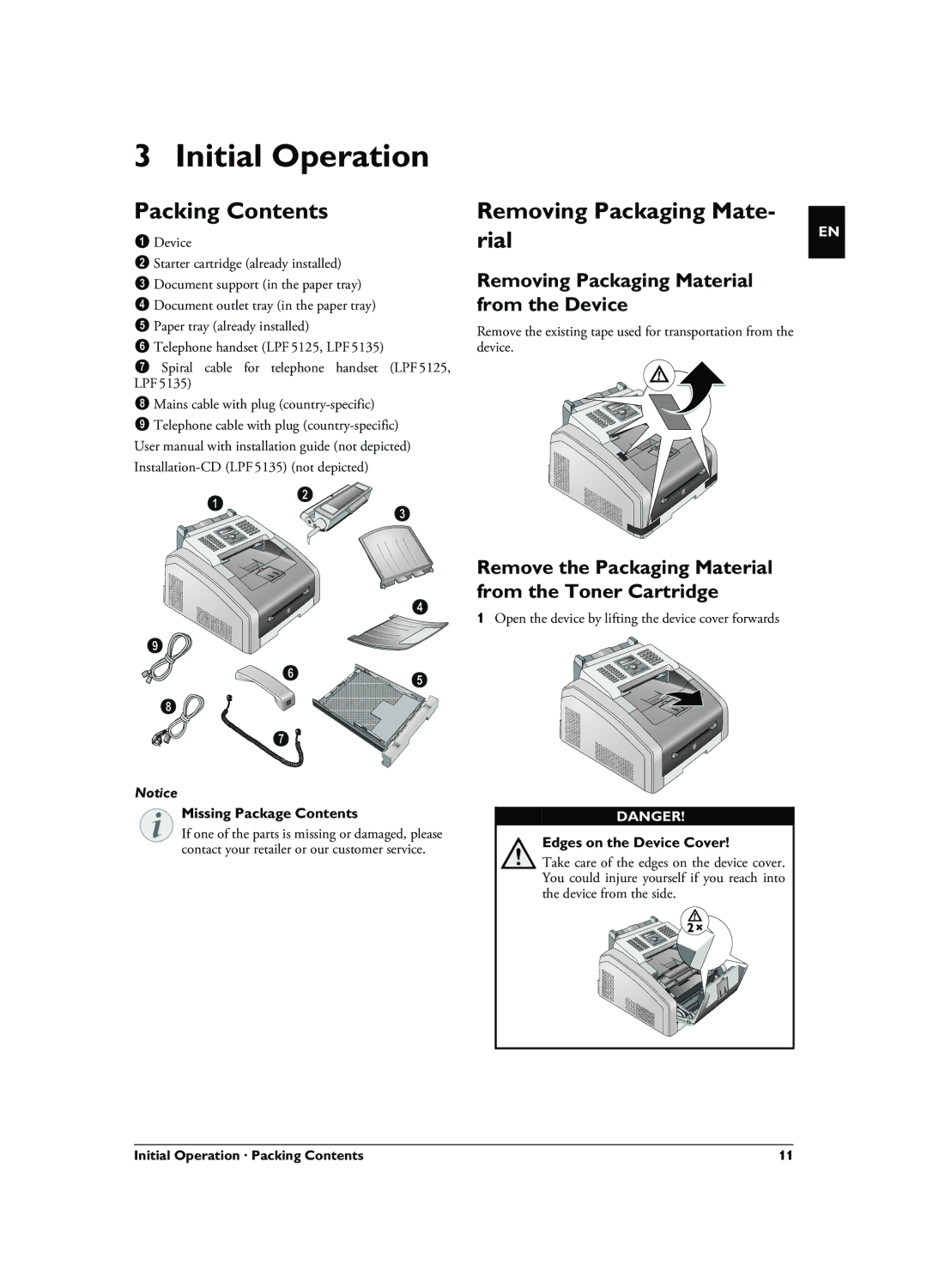 Philips 253117544-B, LPF 5135, LPF 5125, LPF 5120 Initial Operation, Packing Contents, Removing Packaging Mate- rial 