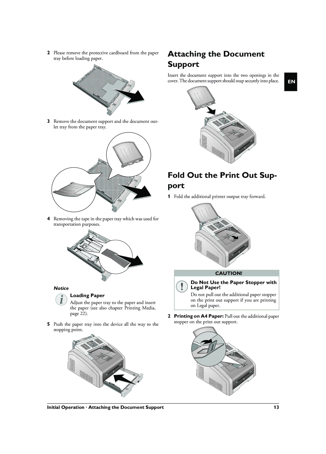 Philips LPF 5125, LPF 5135, LPF 5120 Attaching the Document Support, Fold Out the Print Out Sup- port, Loading Paper 